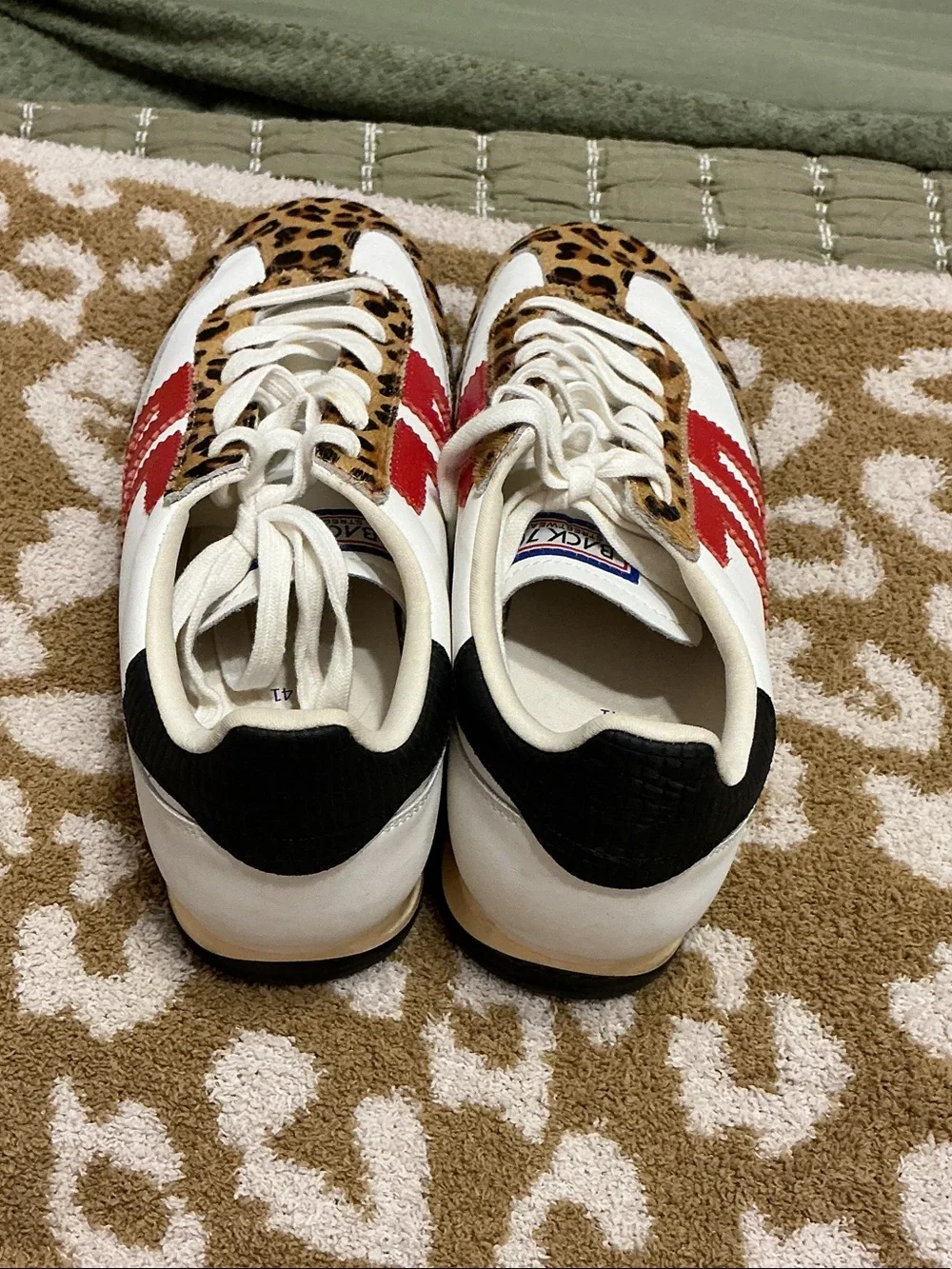 Women’s Leopard Accent White Sneakers with Red Stripes